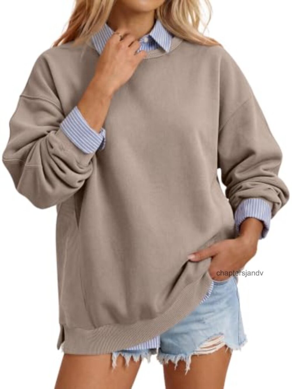 Oversized Textured Side Slit Pullover Sweatshirt Crewneck Rayon Blend